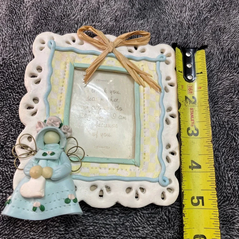 Vintage Mother Angel Picture Frame Blue Yellow Gingham Scalloped Cottagecore